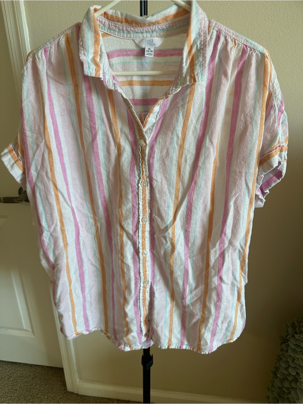 Time and Tru linen BlendWhite Button-Down Shirt with Pink, Orange & Mint Stripes